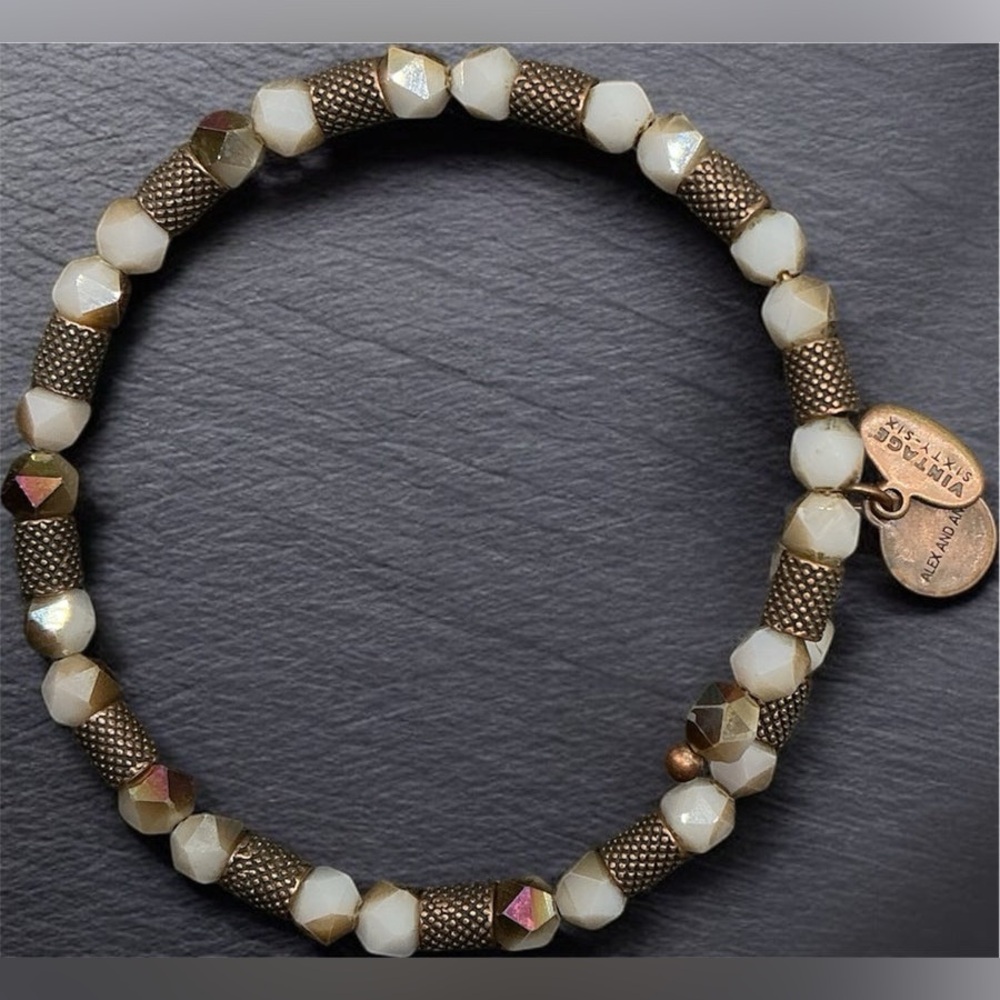 Alex and Ani  Ruler wrap Adjustable White Copper Tone Beaded Bracelet Vintage 66